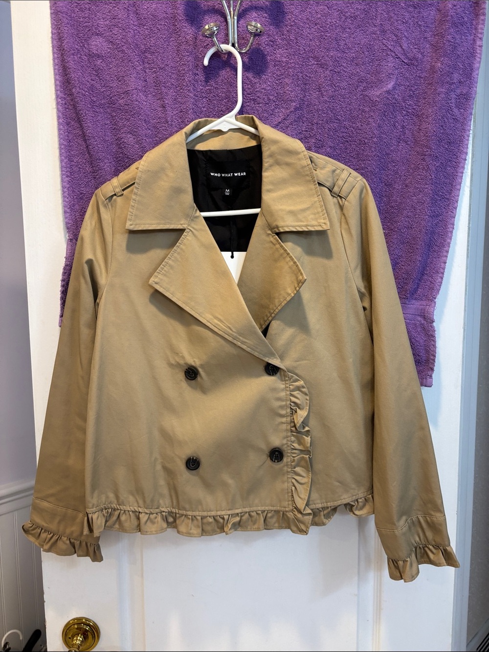 NWT Who What Wear Tan Double-Breasted Trench Coat with Ruffle Hem